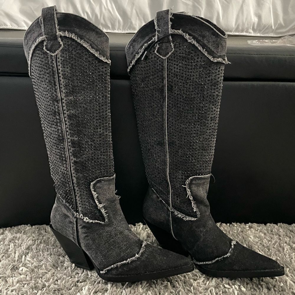 NWT Zara Rhinestone Denim Cowboy Boots - Picture 5 of 12